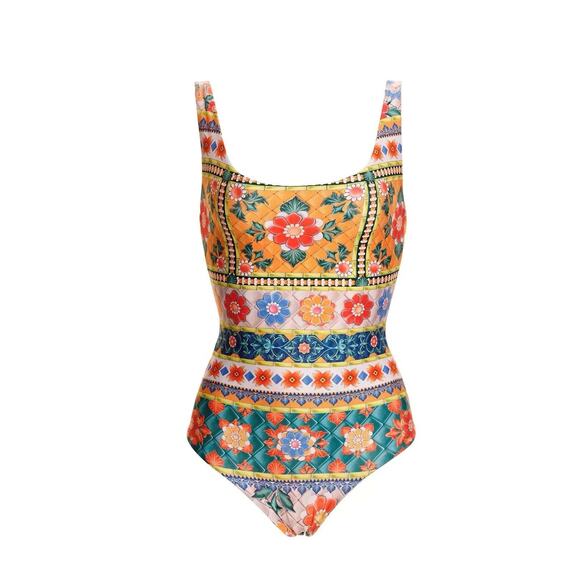 Agua Bendita Koraline Hippie Boho Tile Reversible One Piece Swimsuit L NWT - Picture 1 of 6
